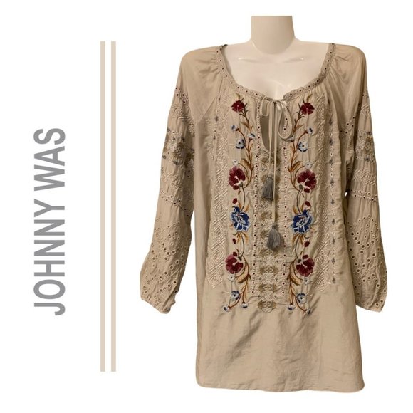 Johnny Was Workshop "Angelique" Embroidered Eyelet Peasant Blouse Size X… - Picture 1 of 9